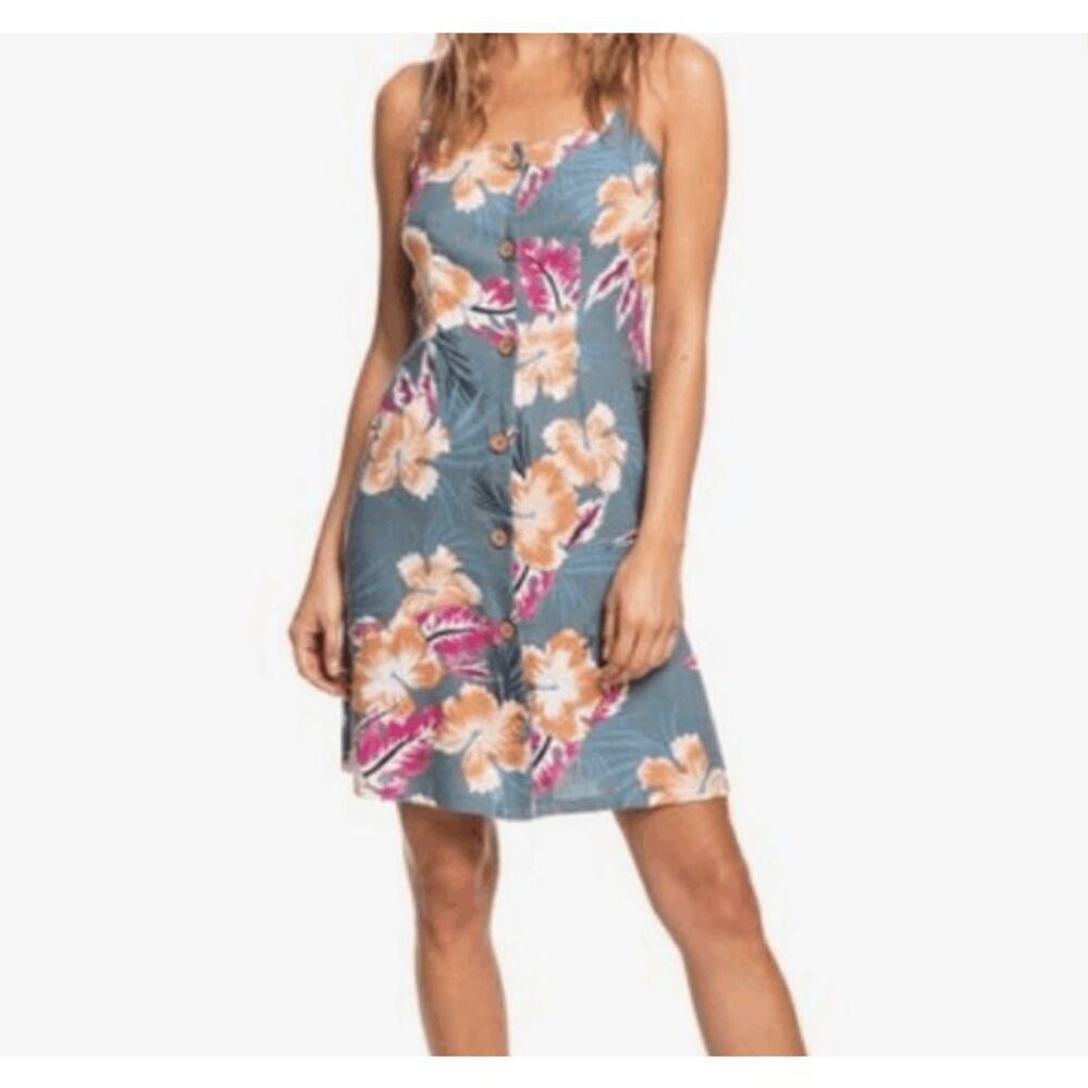 ROXY Sweet About Me Tropical Print Sundress Button Front Blue Medium ERJWD03215
